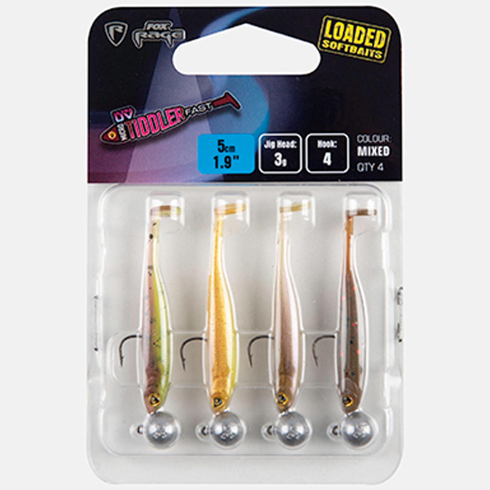 Fox Rage Micro Tiddler 4cm Fast Loaded UV Mixed Colour Pack X4 Gummifisch Set