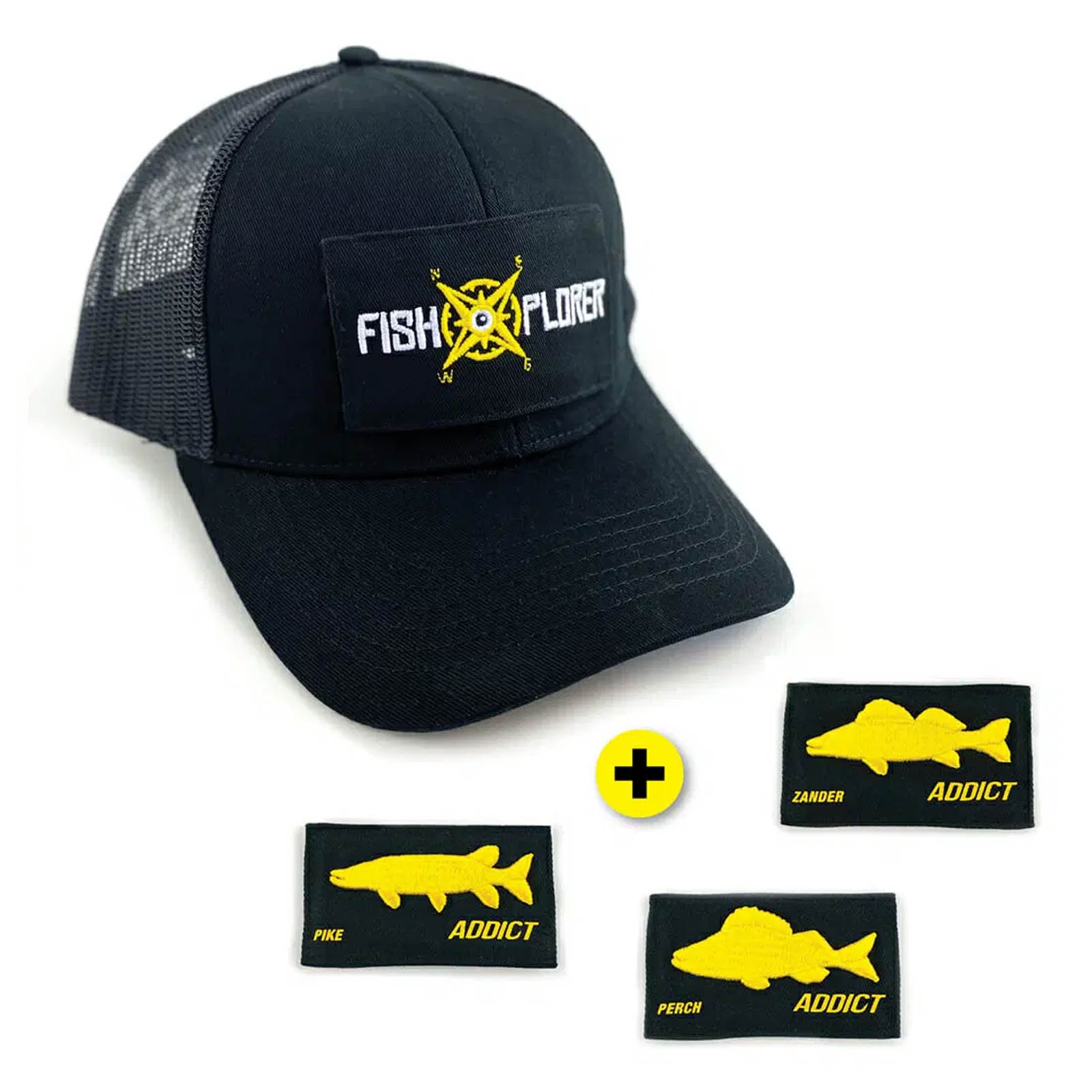 FishXplorer Set-Trucker Cap Wasser- & Uv Resistent Schwarz mit 4 Patches: Fishxplorer, Hecht, Barsch, Zander