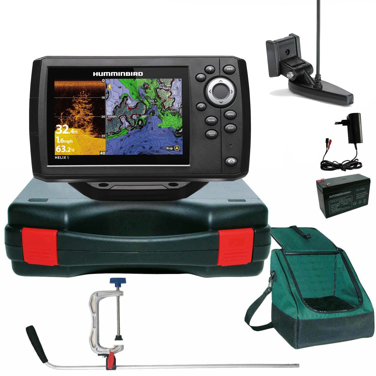 Humminbird Helix 5 Chirp GPS DI G3 Down Imaging GPS Kartenplotter Echolot Portabel Profi Plus - Komplett mit Geber