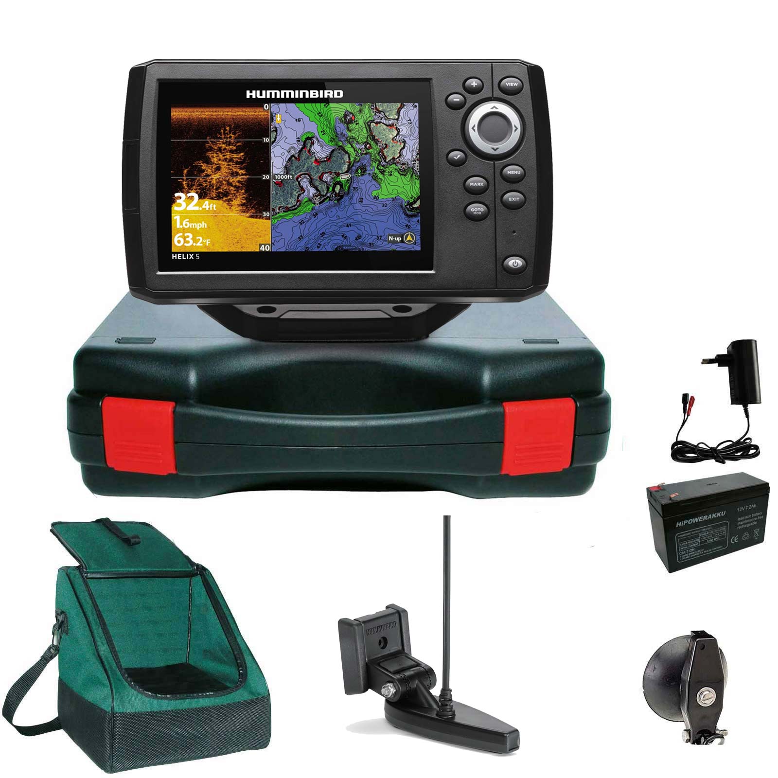 Humminbird Helix 5 Chirp GPS DI G3 Down Imaging GPS Kartenplotter Echolot Portabel Basic Plus - Komplett mit Geber