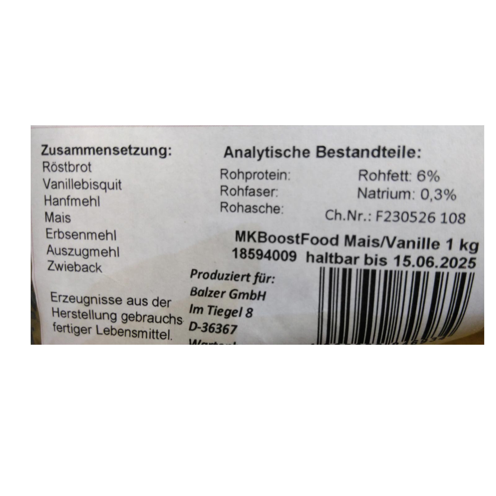 Balzer Matze Koch Booster Food Mais/Vanille Inhaltsstoffe