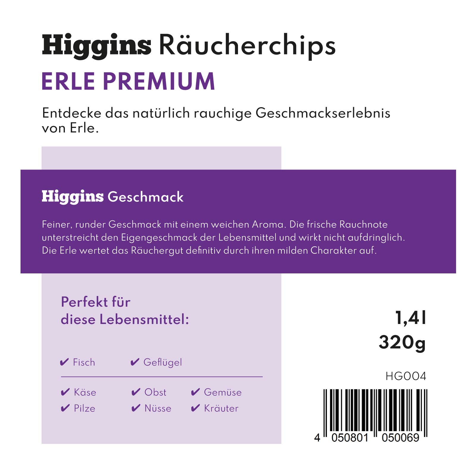 Higgins Räucherchips – Erle Premium Etikett