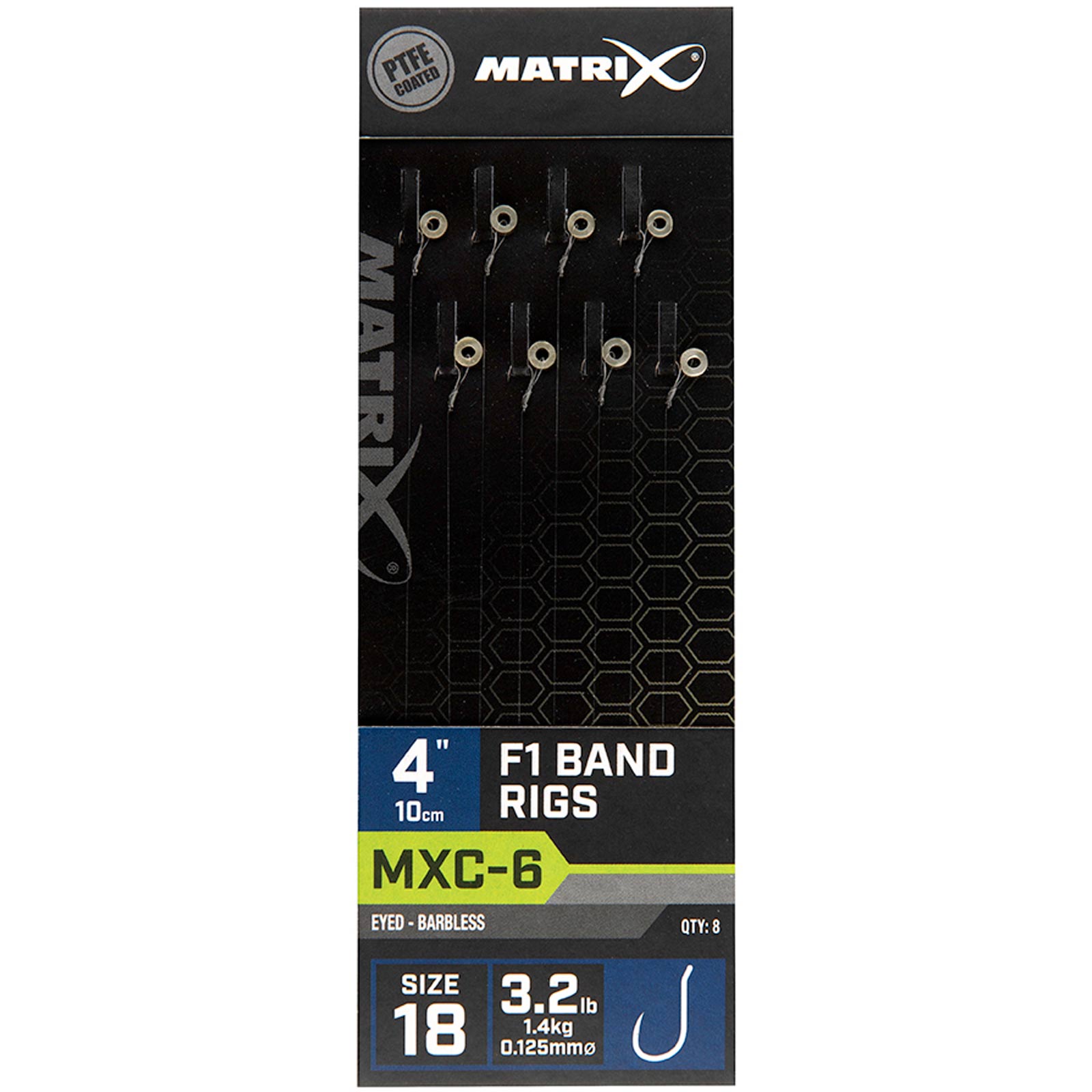 Matrix MXC-6  Size 18 Barbless / 0.125mm / 4" (10cm) F1 Band - 8pcs