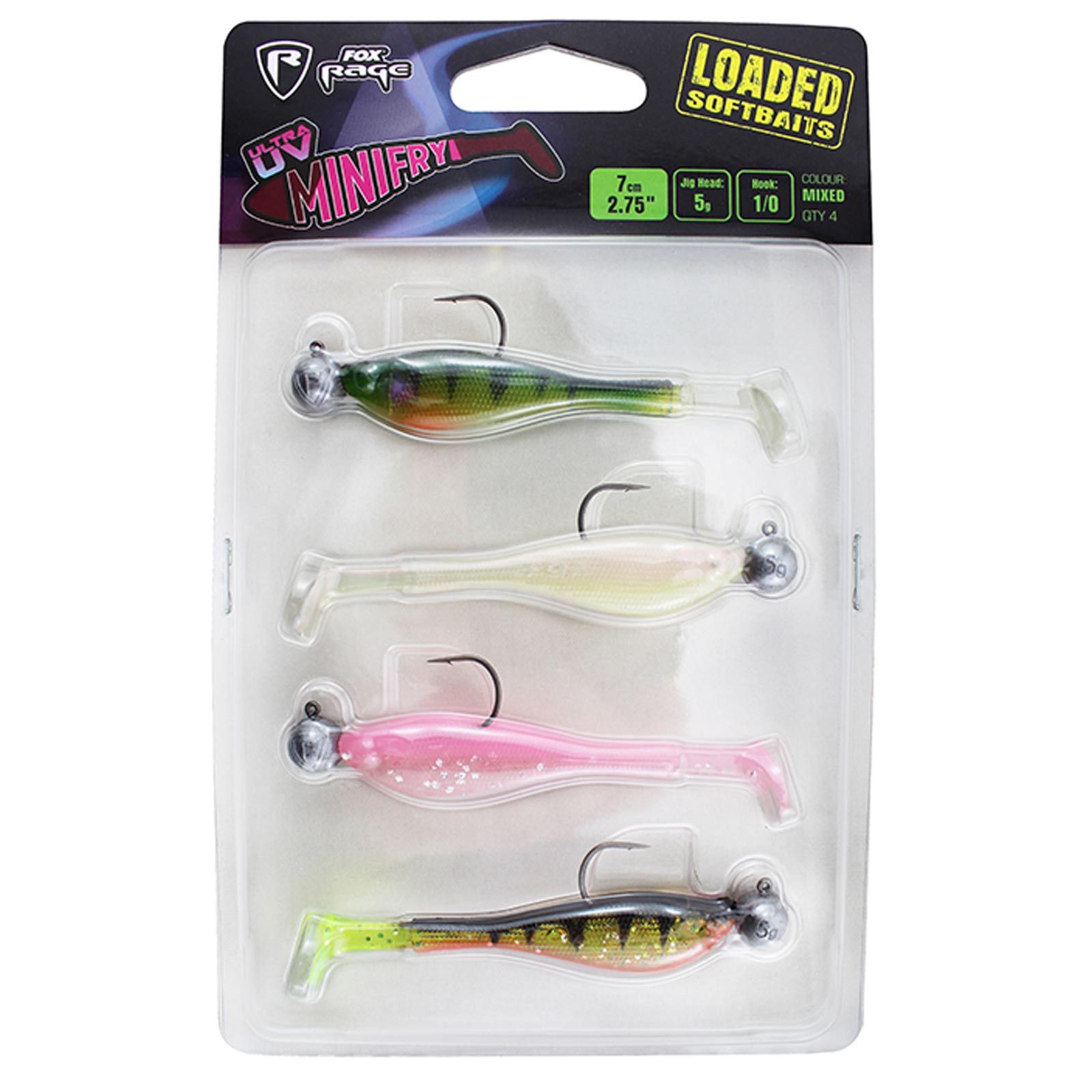 Fox Rage Mini Fry 7cm Loaded UV Mixed Colour Pack X4 Gummifisch Set