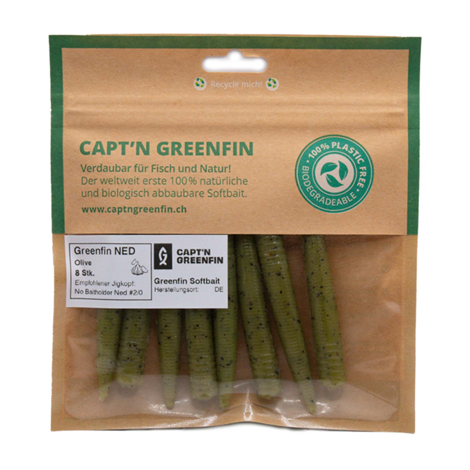 Capt`n Greenfin Ned Worm 7.5cm Olive Protein Gummiköder